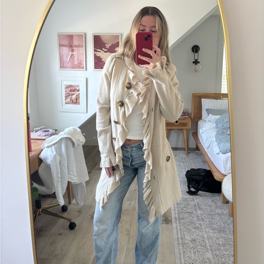 Cream Ruffle Button-Up Coat
